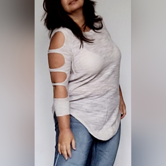 Express Women Cotton-Rayon Cutout Sleebes Tunic Sweater Light Gray Small Oversz - Picture 10 of 14